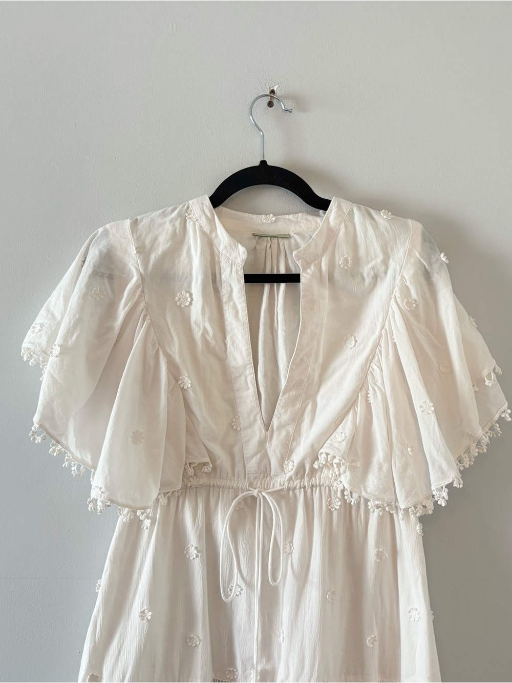 Farm Rio 3D Flower Mini Dress Tassels Waist Tie Short Sleeve White - Picture 3 of 8